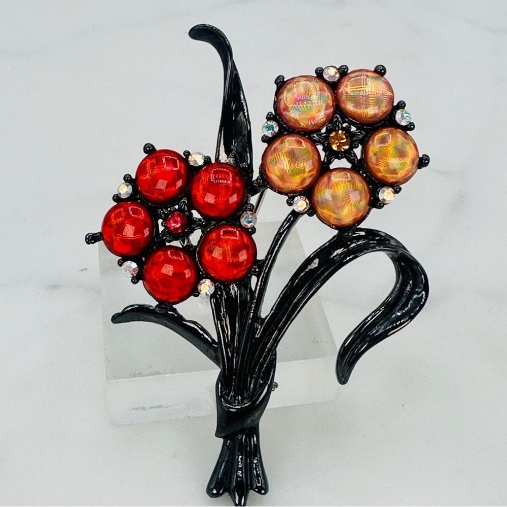 Retro Flower Brooch Pin with Red & Amber Holograph Gems Japanned Metal Statment